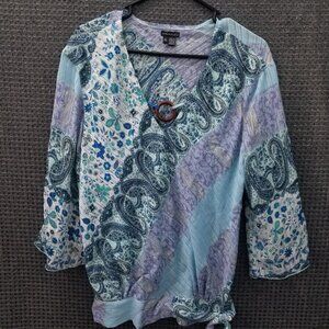 💚2/$2 Vintage Piano Paisley Floral Blue Blouse Womens XL
